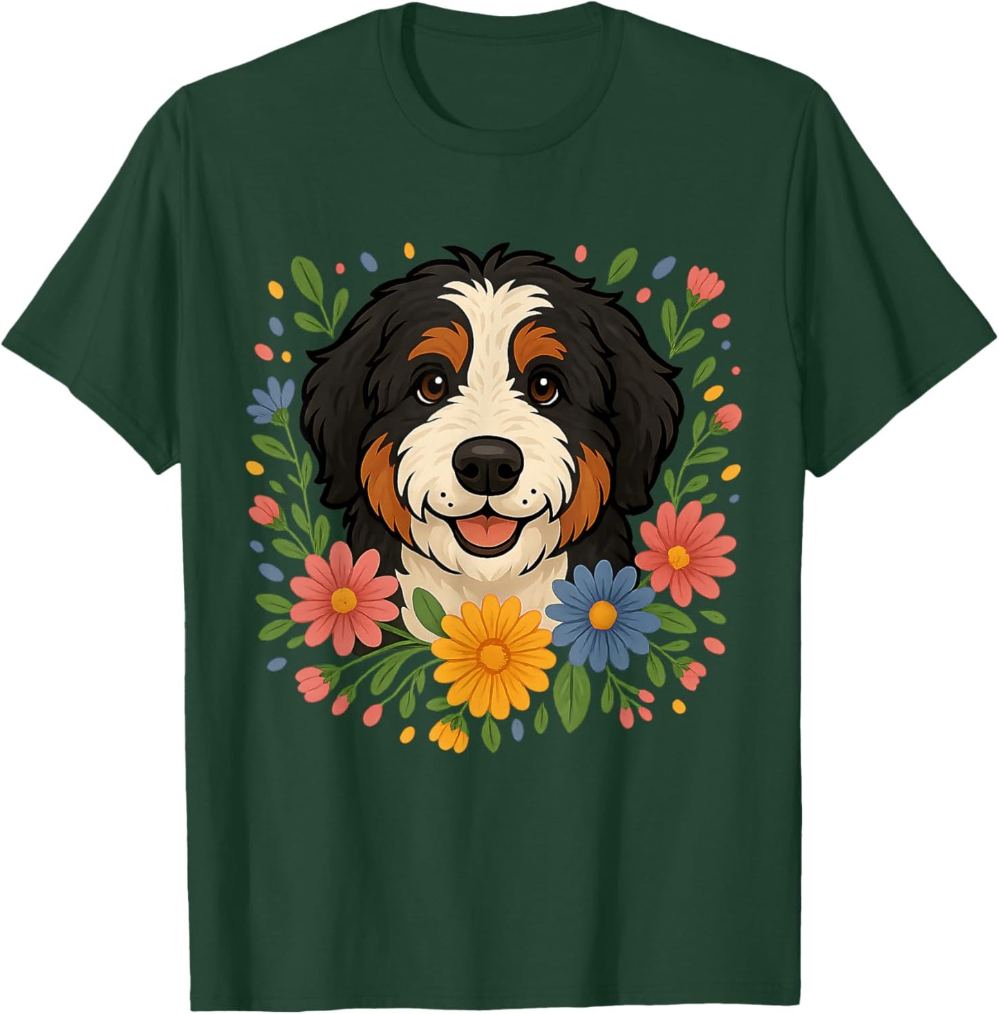 Floral Bernedoodle Colorful Spring Flowers Wildflowers T-Shirt - T-Shirt | Forest