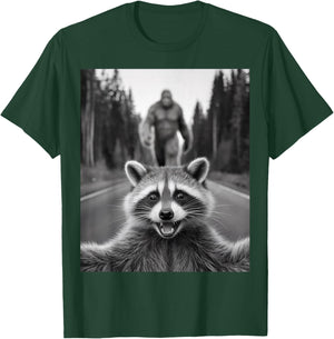 Scared Raccoon Selfie With Sasquatch Bigfoot , Funny Raccoon T-Shirt - T-Shirt | Forest