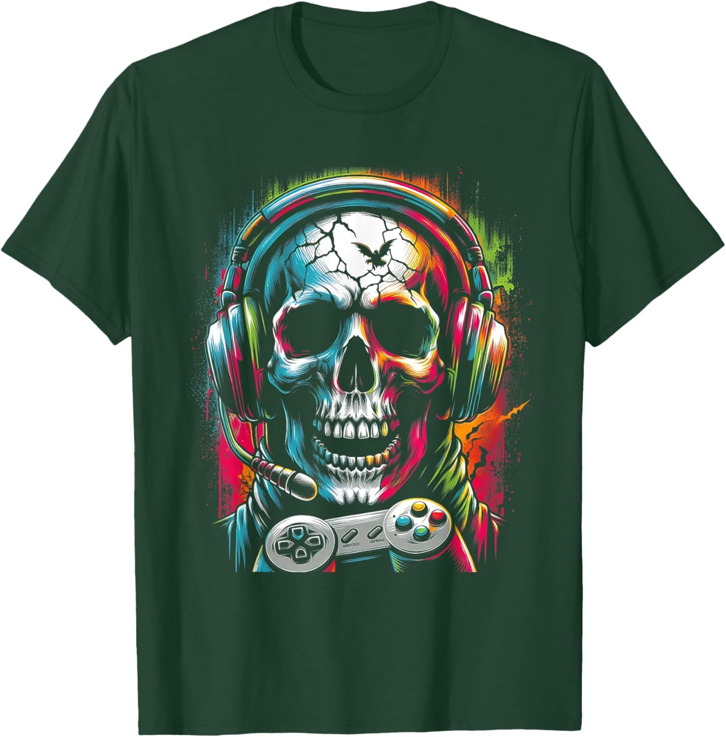 Totenkopf trägt Kopfhörer Grunge Gamer bunt Halloween T-Shirt - T-Shirt | Forest