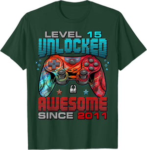 Level 15 Unlocked Awesome Since 2011 15th Birthday Gaming T-Shirt - T-Shirt | Forest