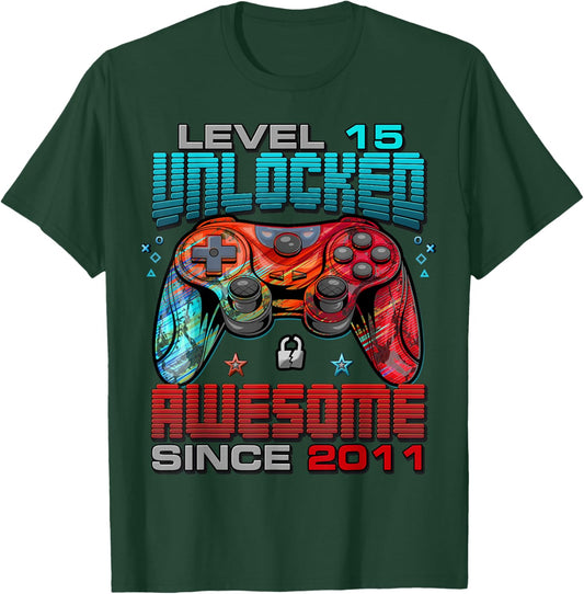 Level 15 Unlocked Awesome Since 2011 15th Birthday Gaming T-Shirt - T-Shirt | Forest