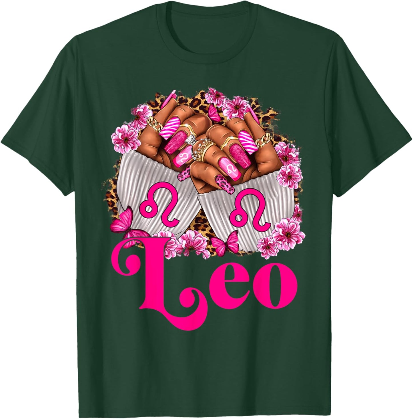 Black Women Floral Nails With Leopard Leo Queen T-Shirt - T-Shirt | Forest