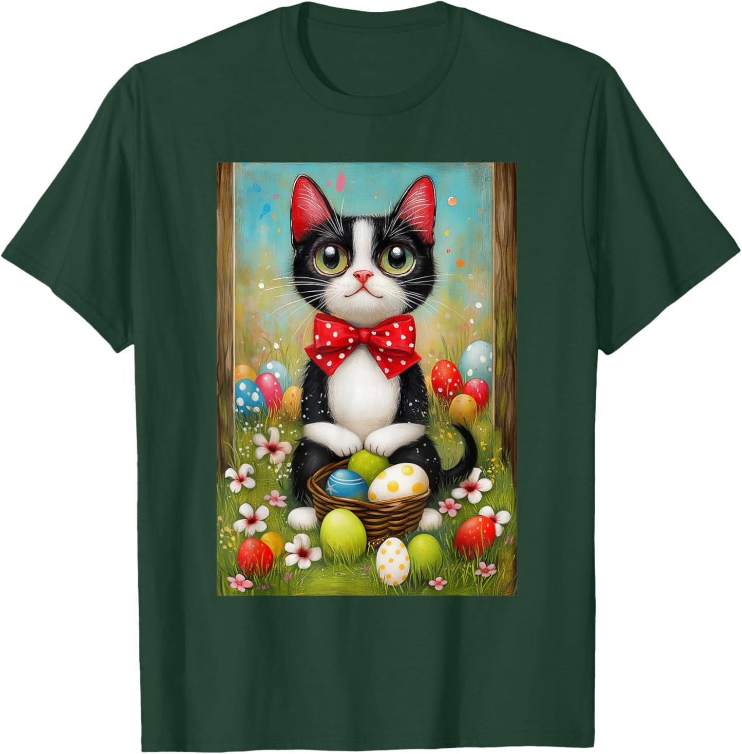 Tuxedo Cat Easter Shirt – Kitty with Basket of Easter Eggs T-Shirt - T-Shirt | Forest