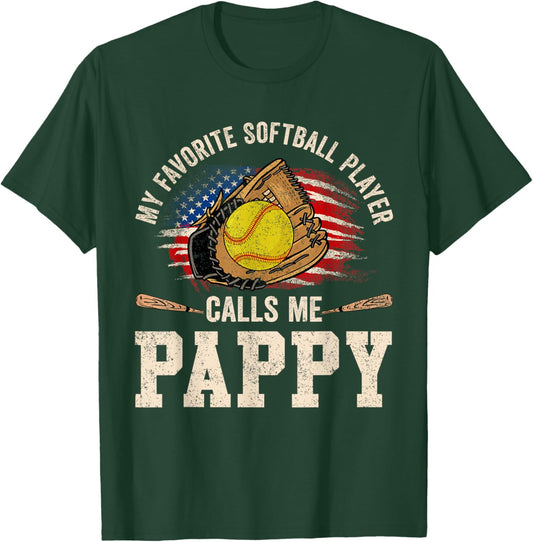 My Favorite Softball Player Calls Me Pappy USA Flag T-Shirt - T-Shirt | Forest