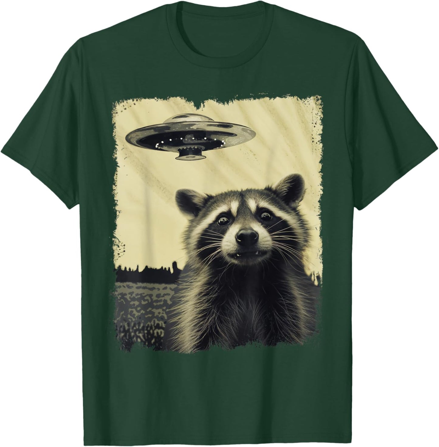 Racoon with UFO Retro Vintage Uncanny Alien UFO T-Shirt - T-Shirt | Forest