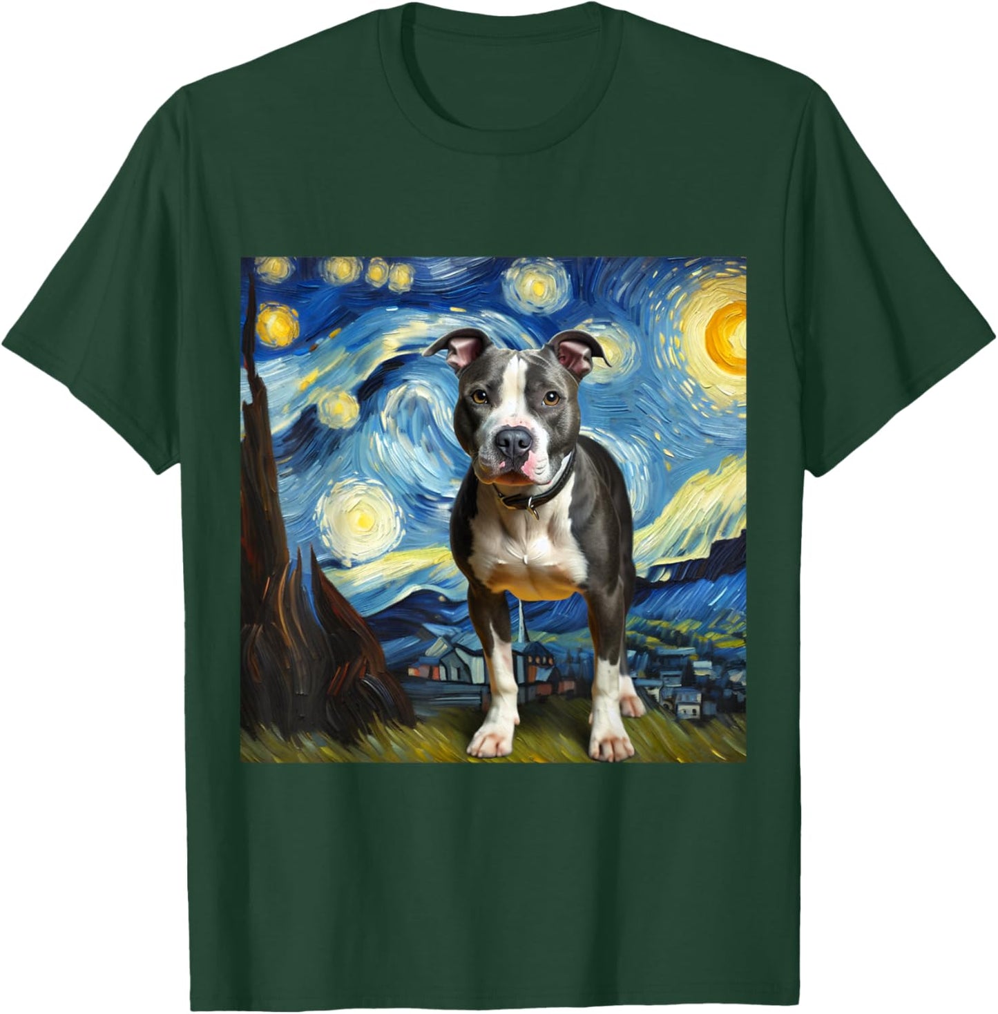Pitbull Animal Funny Pit Bull Starry Night Van Gogh Style T-Shirt - T-Shirt | Forest