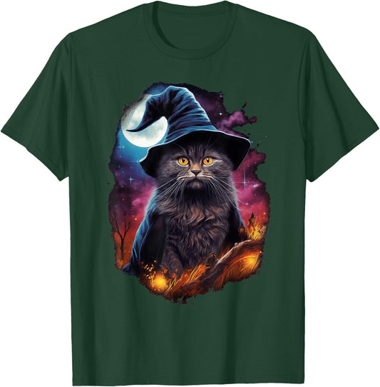 Black Cat Wizard Halloween Witch Mystical Black Cat Lovers Men Women Kids T-Shirt - T-Shirt | Forest