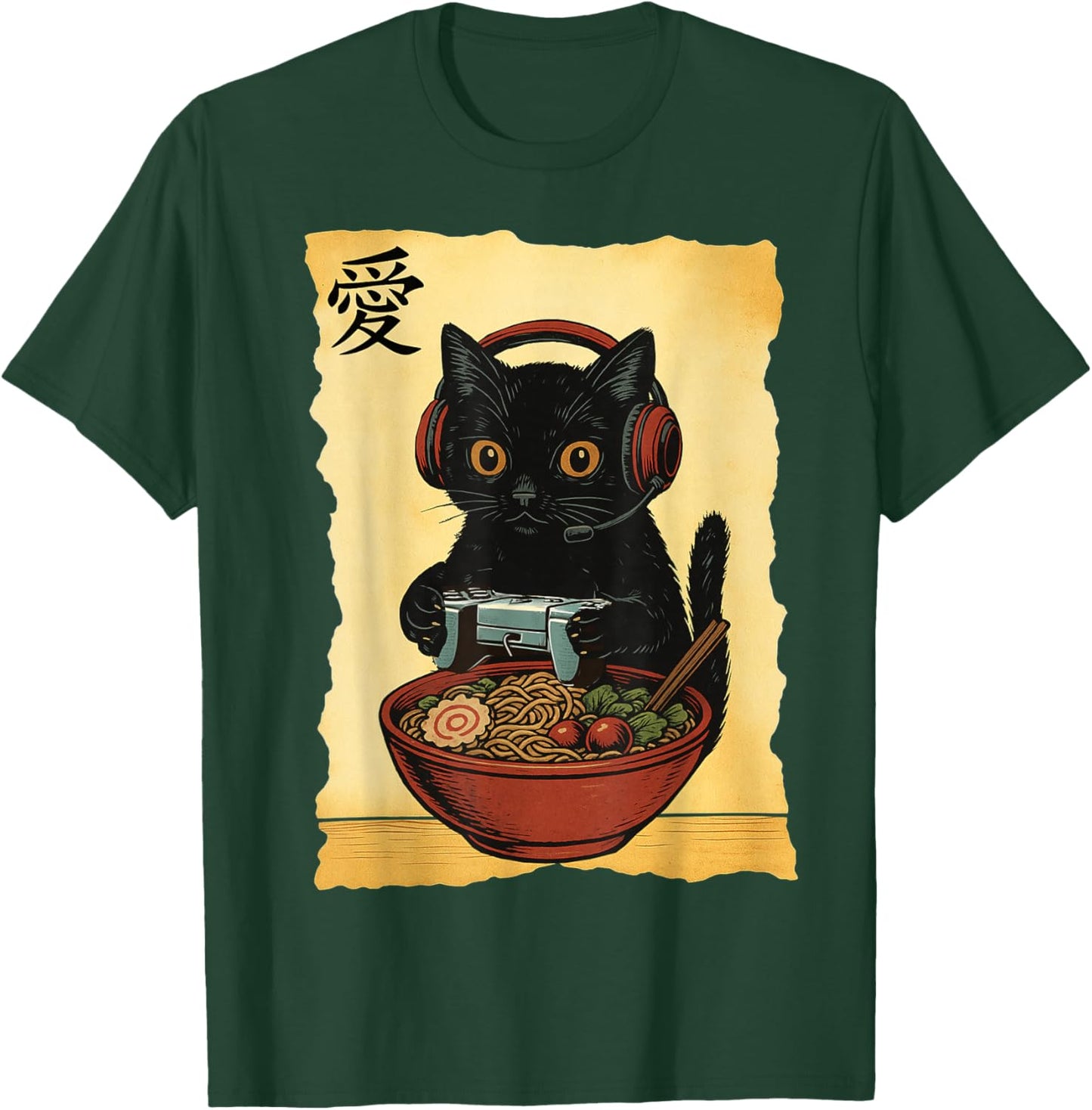 Cute Kawaii Gamer Cat Funny Ramen Retro Japanese Cat Gaming T-Shirt - T-Shirt | Forest