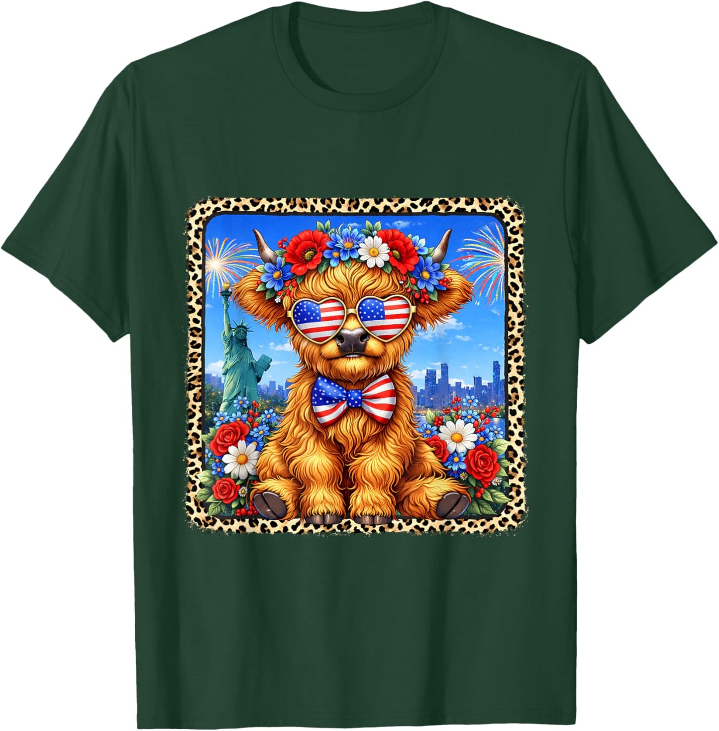 4th of July Cow Patriotic Heart Glasses USA Floral Leopard T-Shirt - T-Shirt | Forest