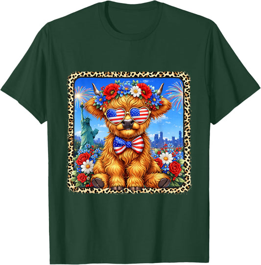 4th of July Cow Patriotic Heart Glasses USA Floral Leopard T-Shirt - T-Shirt | Forest