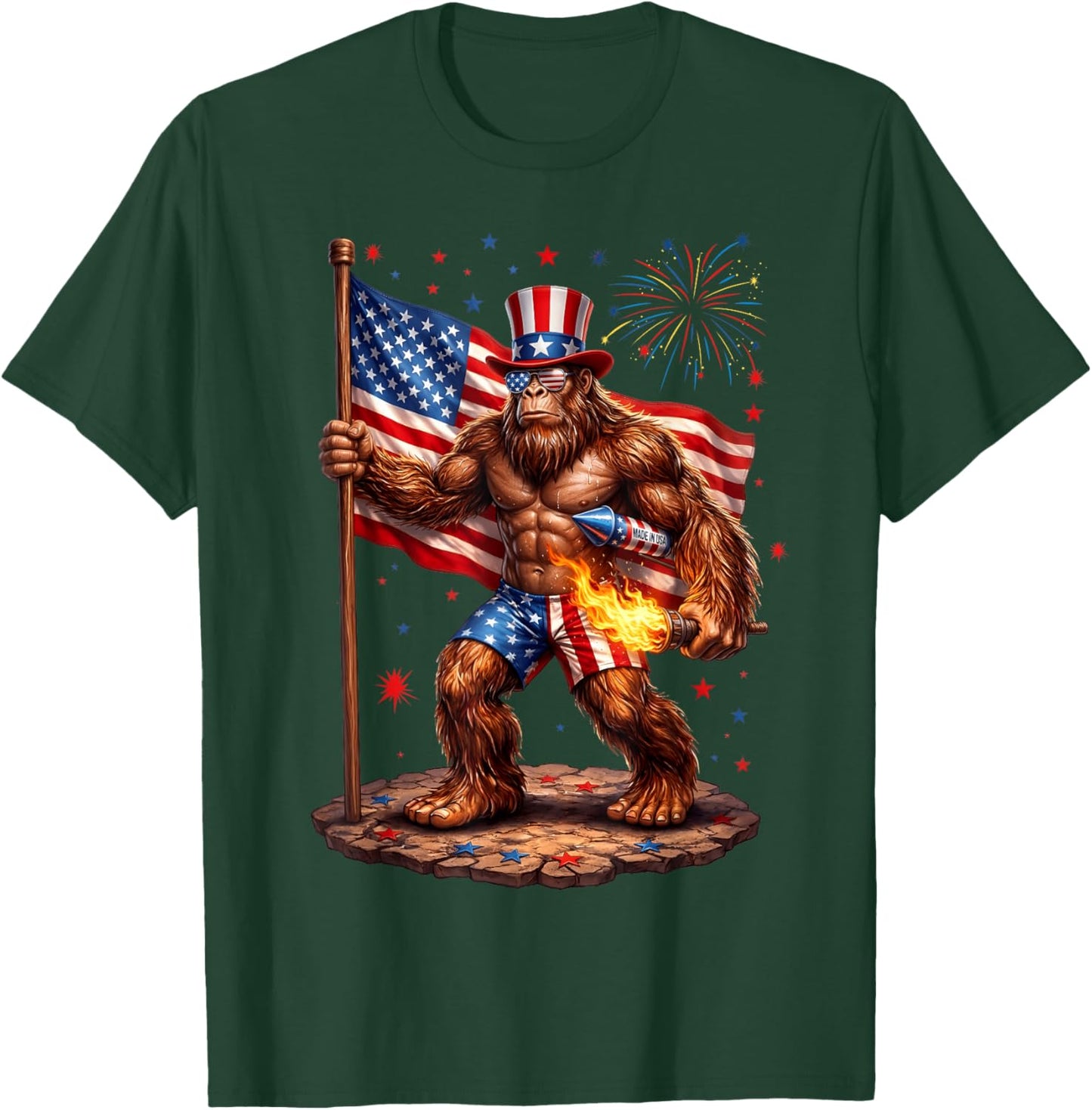 Bigfoot 4th of July US American Flag Sasquatch Men Women Kid T-Shirt - T-Shirt | Forest
