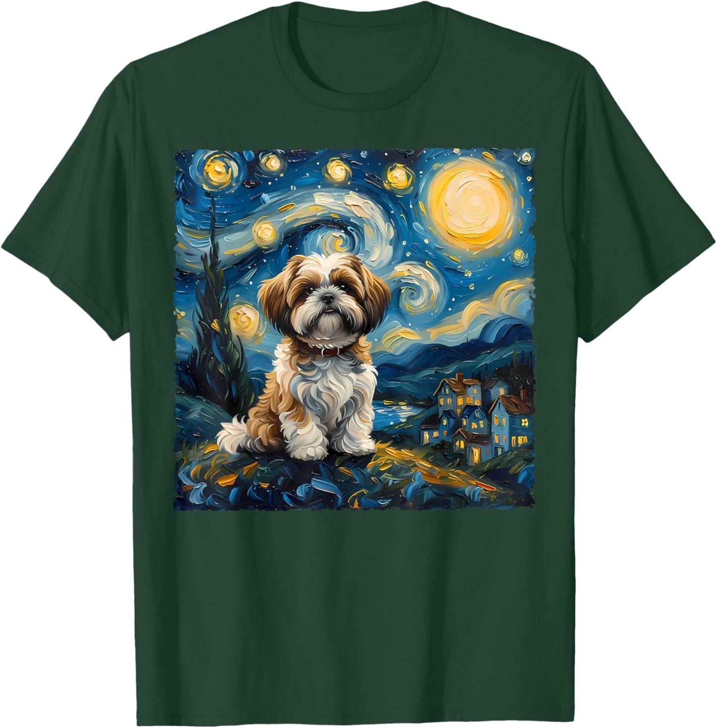 Shih Tzu Dog Lovers The Starry Night Van Gogh Style Painting T-Shirt - T-Shirt | Forest