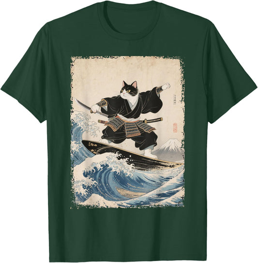 Samurai Cat Surfing Wave Art Japanese Ukiyo-e Art T-Shirt - T-Shirt | Forest