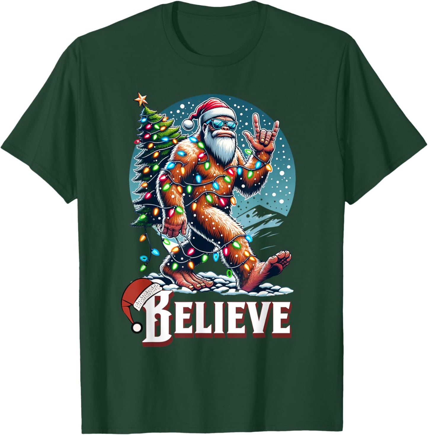 Santa Bigfoot Christmas Lights Funny Sasquatch Believe Xmas T-Shirt - T-Shirt | Forest