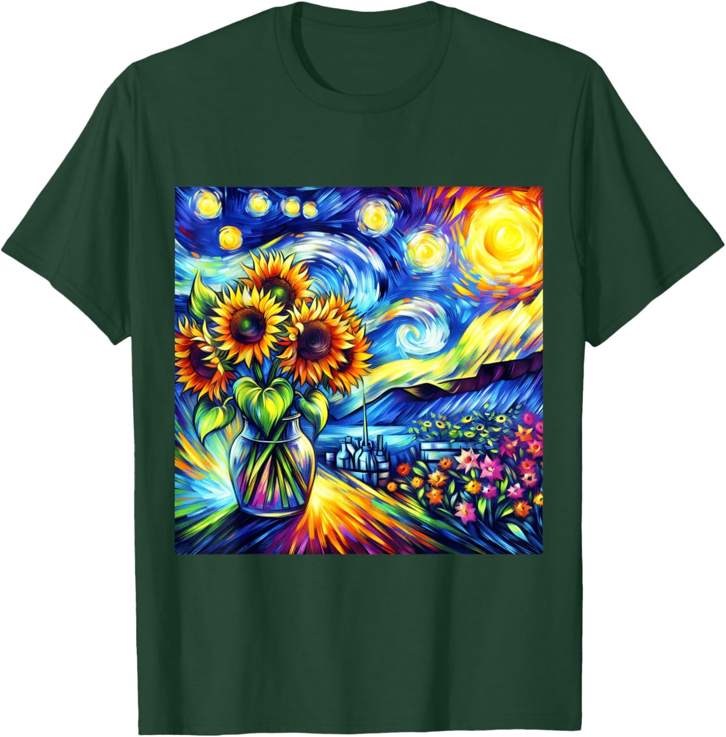 Vincent Van Gogh Sunflower Painting Starry Night Sky Art T-Shirt - T-Shirt | Forest