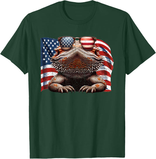 Bearded Dragon Reptiles Lovers American Flag Sunglasses Pets T-Shirt - T-Shirt | Forest