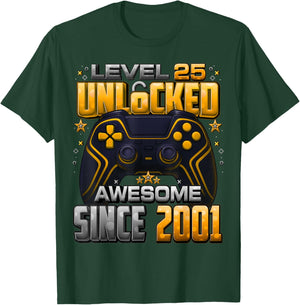 Level 25 Unlocked Awesome Since 2001 25th Birthday Gaming T-Shirt - T-Shirt | Forest
