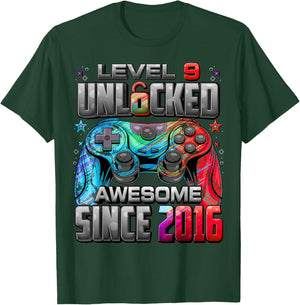 Level 9 Unlocked Awesome Since 2016 9th Birthday Gaming T-Shirt - T-Shirt | Forest