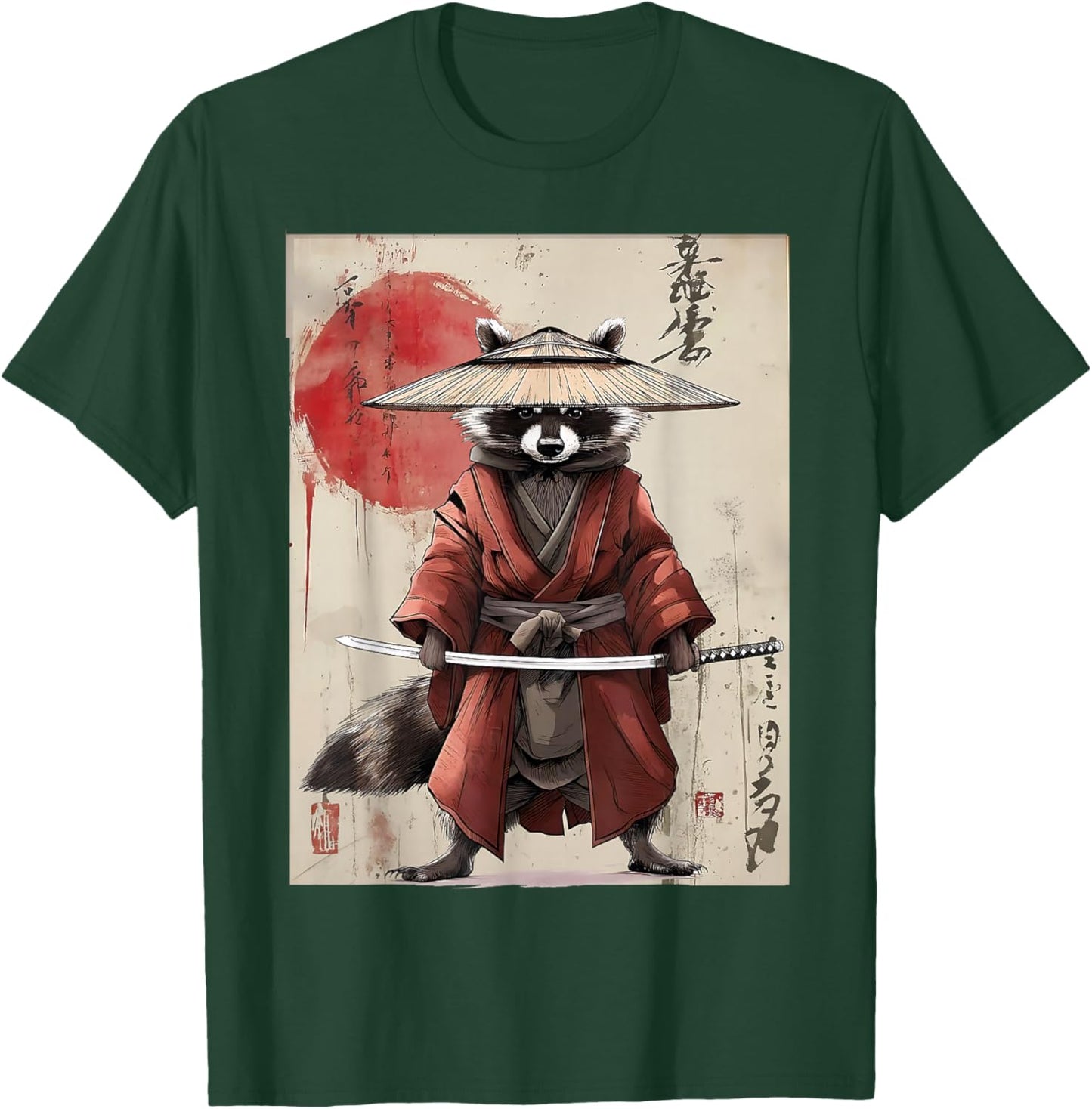 Vintage Samurai Raccoon Otaku Tanuki Japanese Cute Raccoon T-Shirt - T-Shirt | Forest