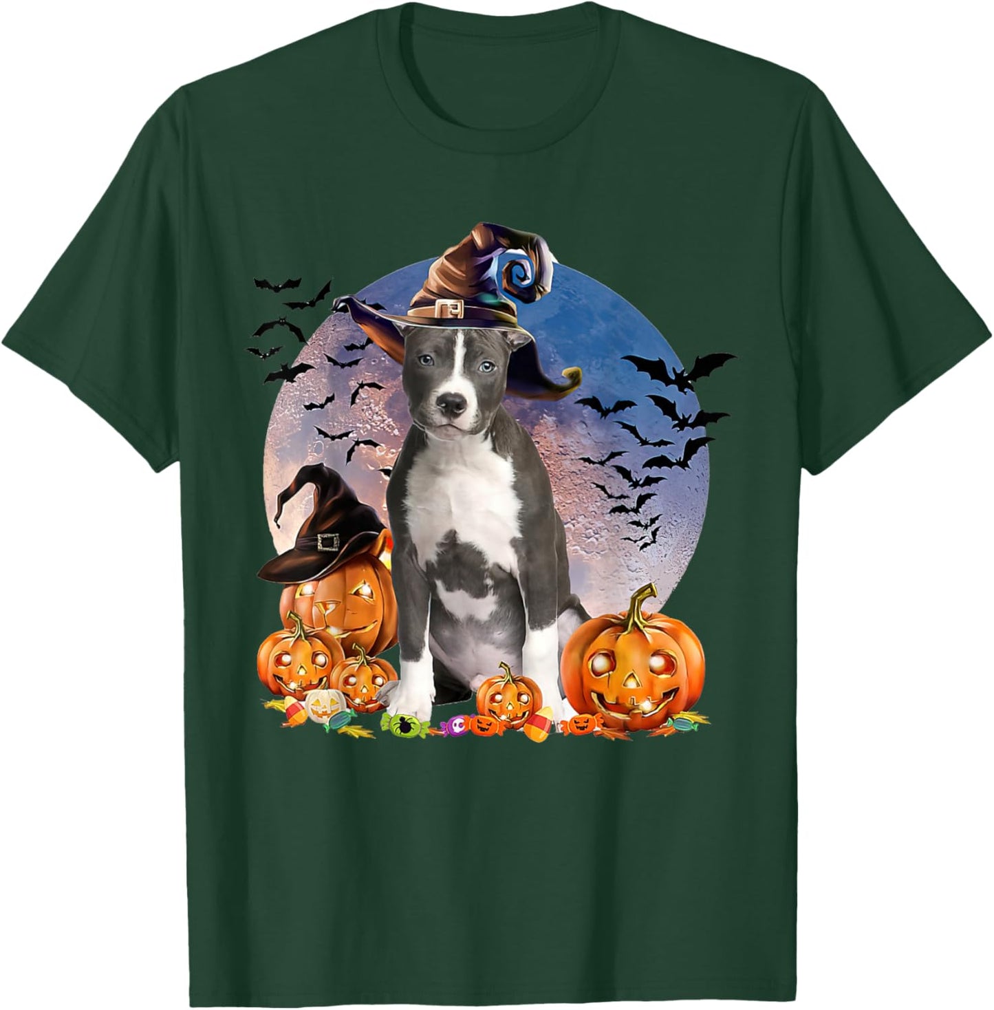 Dog Halloween Pitbull Jack O Lantern Pumpkin T-Shirt - T-Shirt | Forest