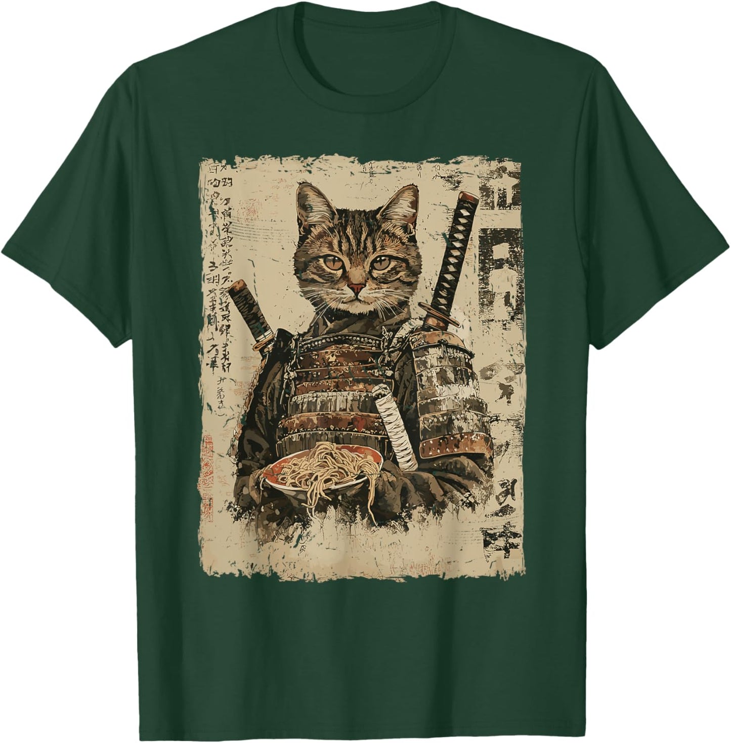 Samurai Cat Loves Ramen Funny Anime Japanese Artwork Samurai T-Shirt - T-Shirt | Forest