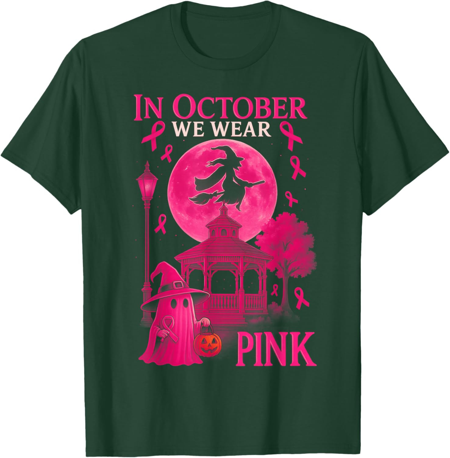HUGvyn in October We Wear Pink Witch Halloween Breast Cancer T-Shirt - T-Shirt | Forest