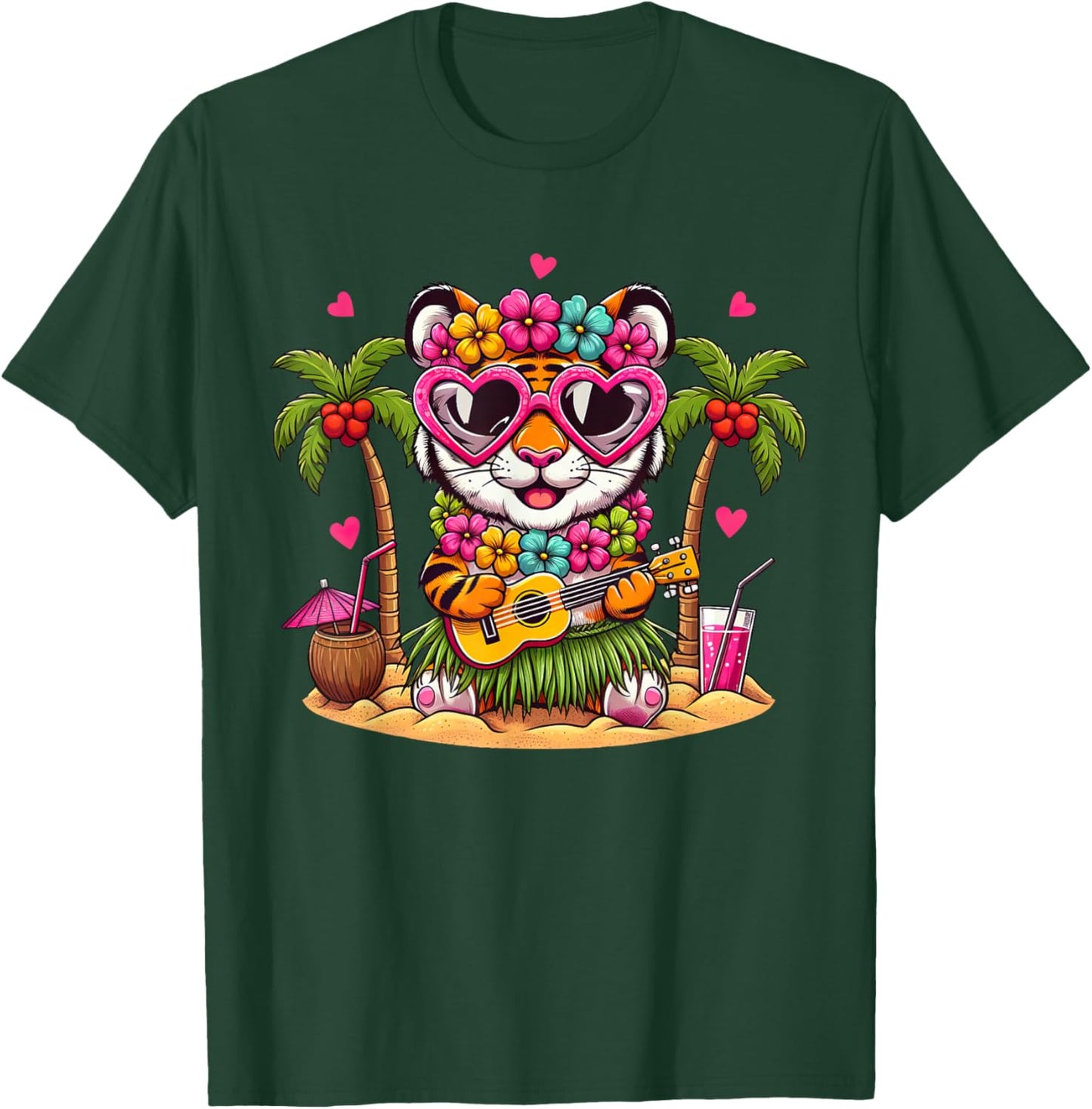 Funny Tiger Hawaiian Costume Kids Summer Vacation Tiger T-Shirt - T-Shirt | Forest