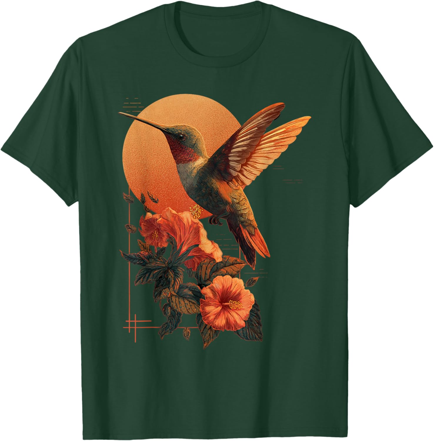 Hummingbird Hibiscus Flower Tropical Sunset Art T-Shirt - T-Shirt | Forest