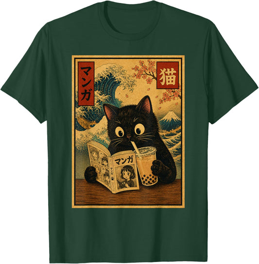 Funny Anime Cat Reading Manga Retro Bubble Tea Japanese Cat T-Shirt - T-Shirt | Forest