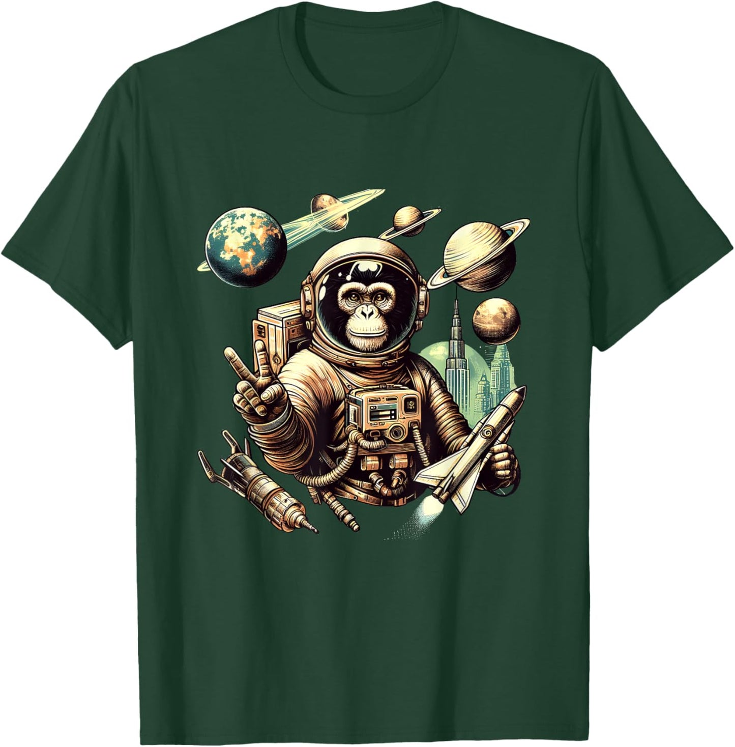 Space Vintage Travel Astronaut Monkey Holding Spaceship T-Shirt - T-Shirt | Forest