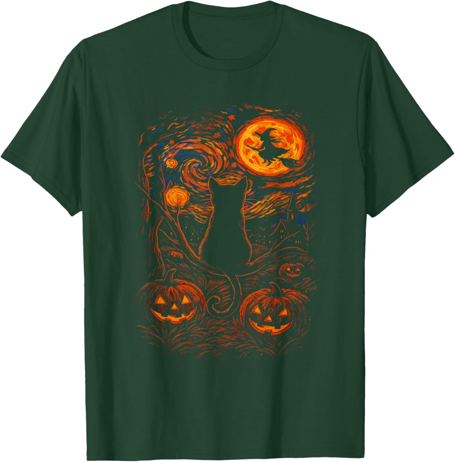 Halloween Black Cat Starry Night Witch Pumpkin Moon T-Shirt - T-Shirt | Forest