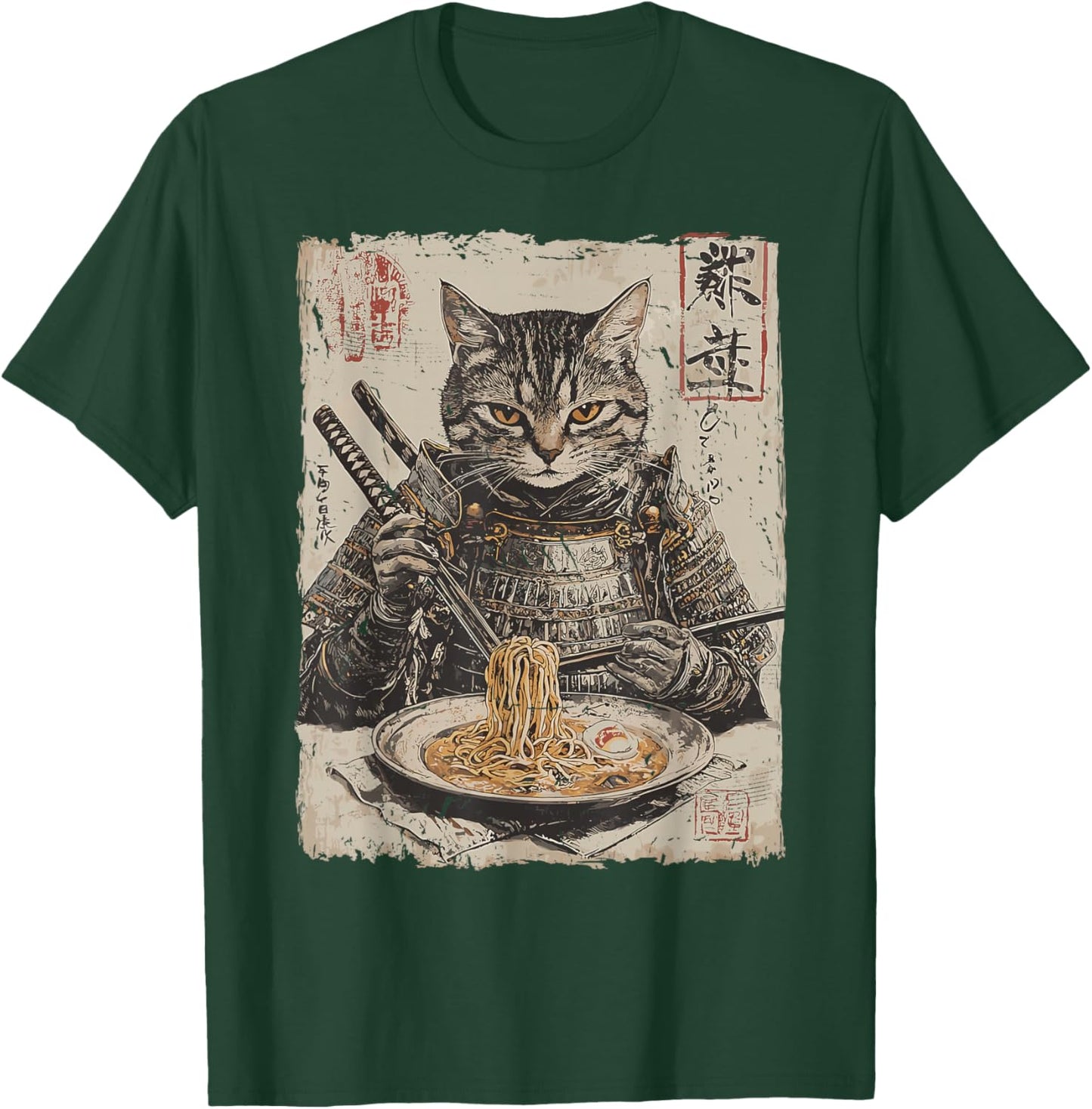 Samurai Cat Loves Ramen Funny Anime Japanese Artwork Samurai T-Shirt - T-Shirt | Forest
