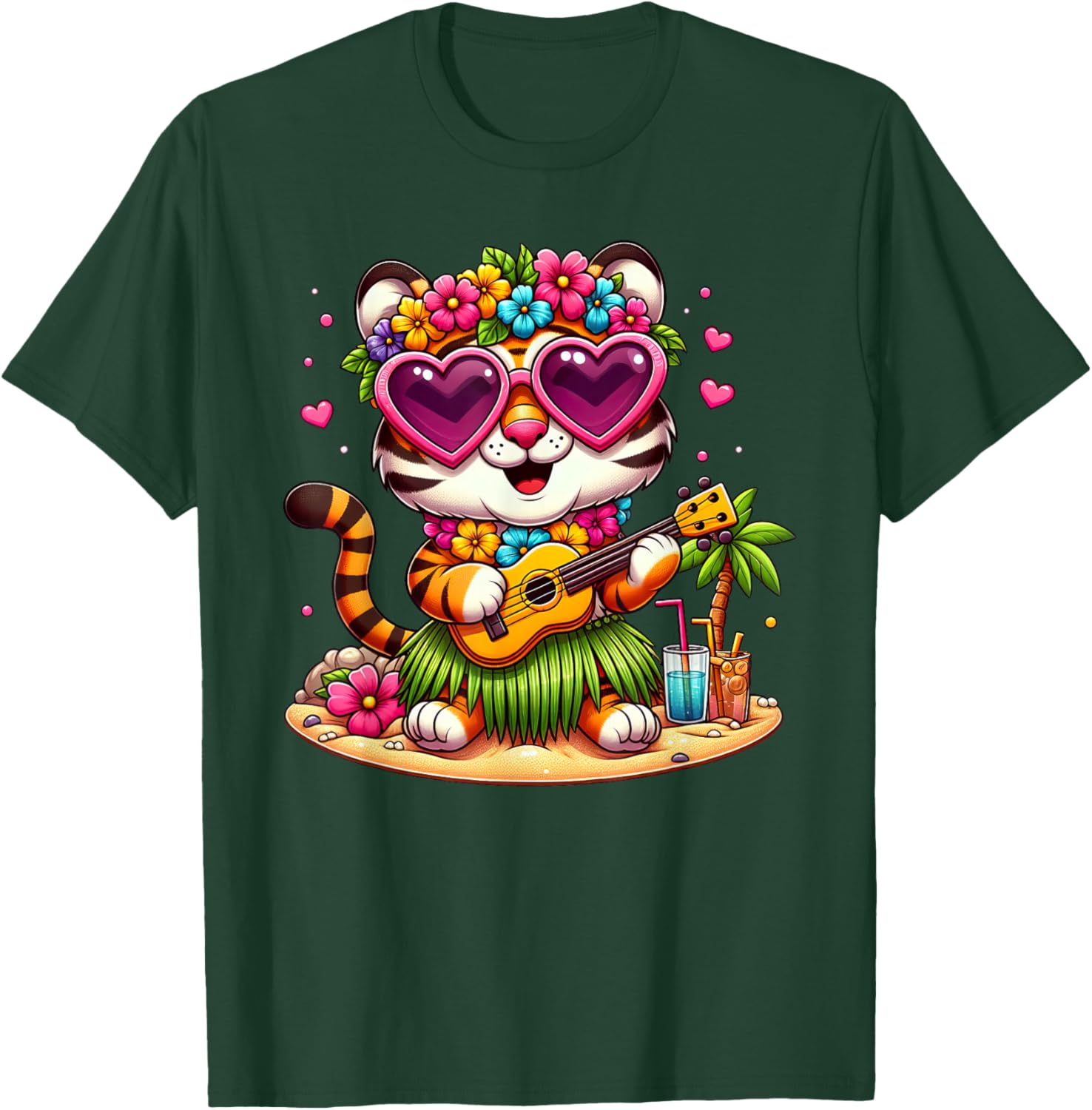 Funny Tiger Hawaiian Costume Kids Summer Vacation Tiger T-Shirt - T-Shirt | Forest