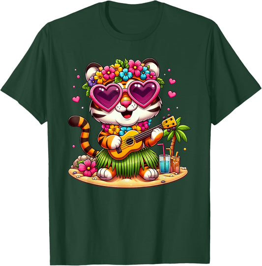 Funny Tiger Hawaiian Costume Kids Summer Vacation Tiger T-Shirt - T-Shirt | Forest