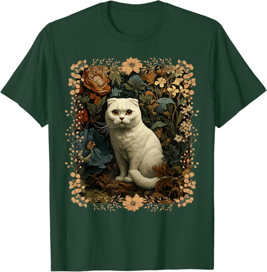 Scottish Fold White Cat in a Vintage Cottage Garden T-Shirt - T-Shirt | Forest