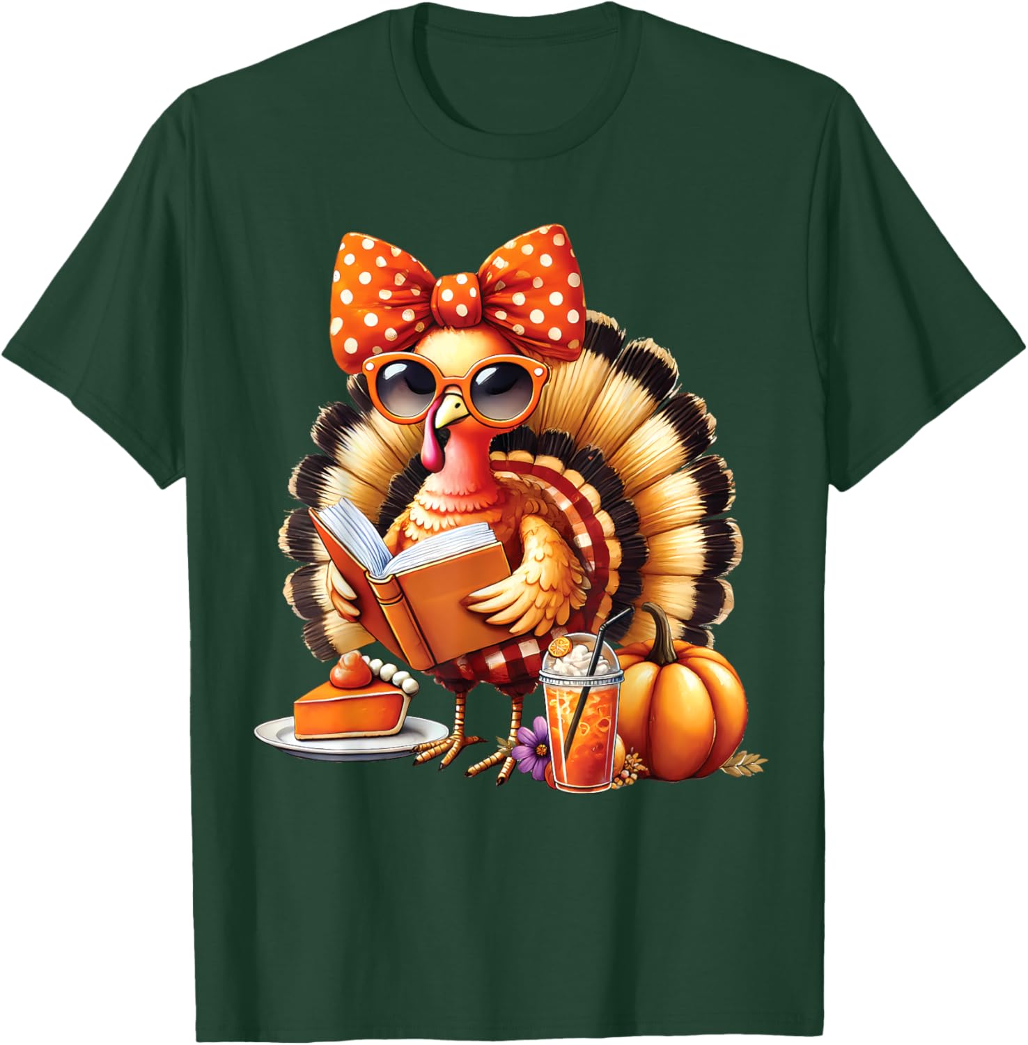 Cute Turkey Reading Book Lovers Thanksgiving Bow T-Shirt - T-Shirt | Forest