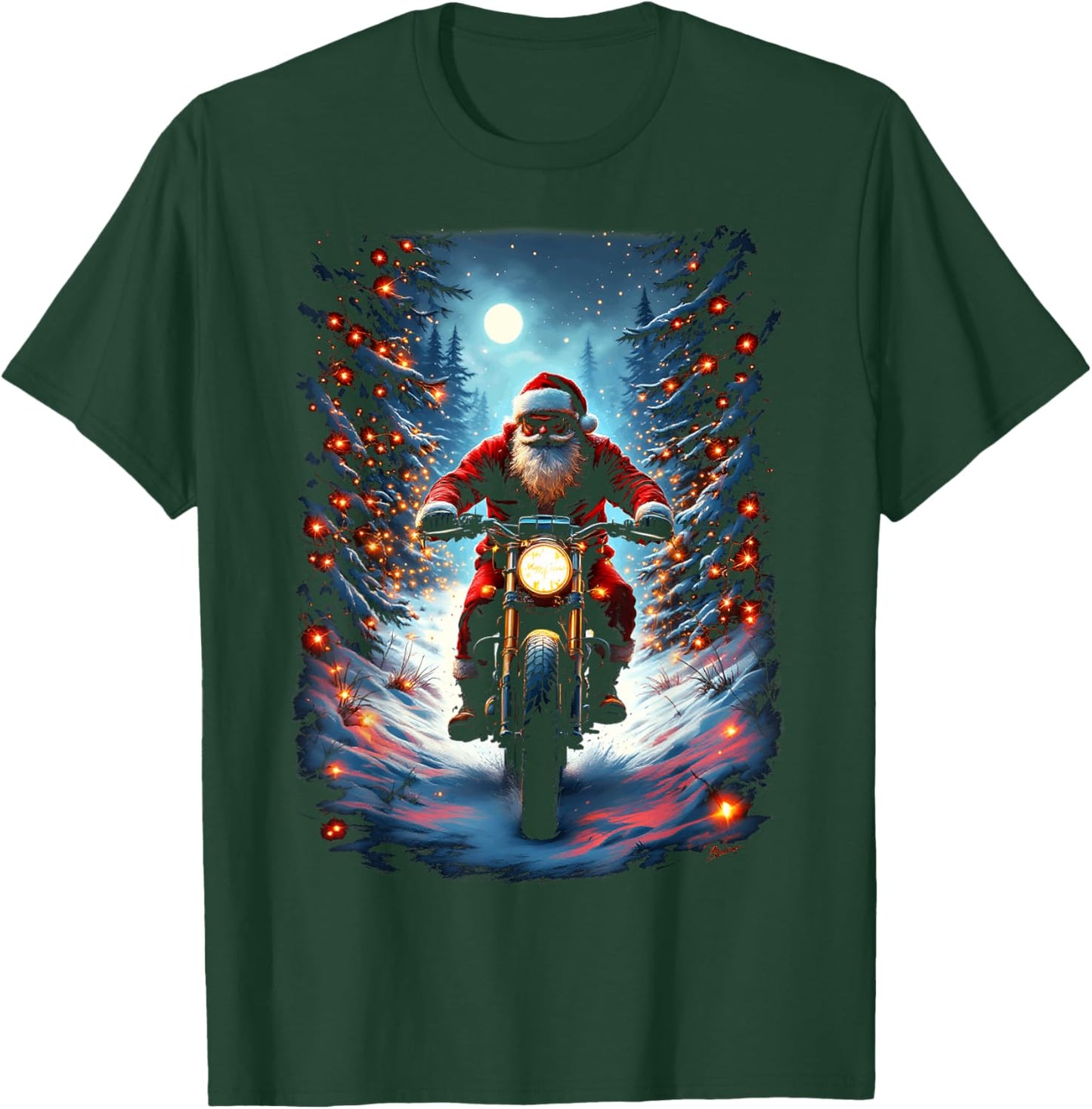 Santa Claus Biker Riding Motorcycle Christmas Moon T-Shirt - T-Shirt | Forest
