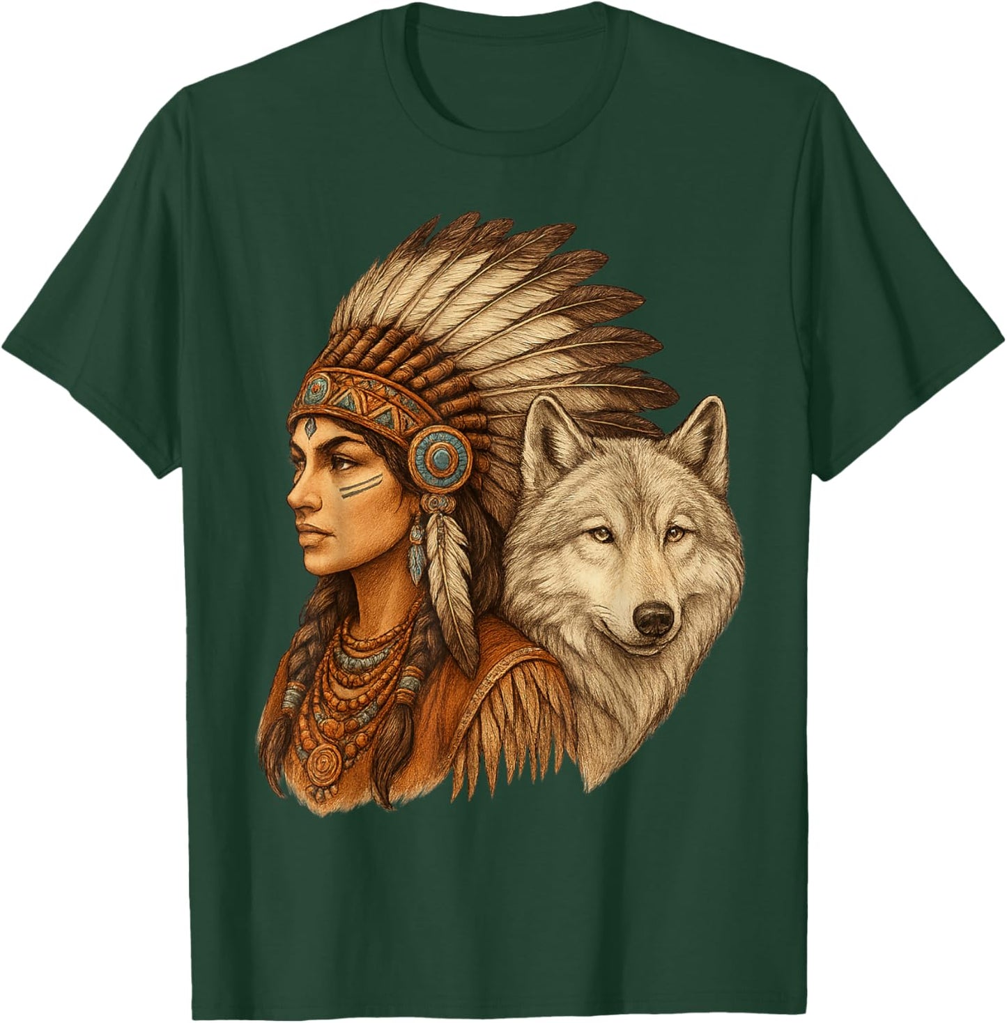 Indian Native American Woman with White Wolf Vitage T-Shirt - T-Shirt | Forest