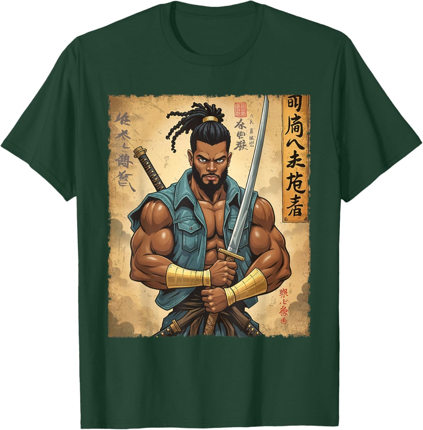 Strong Afro Warrior Samurai African in Anime with Katana T-Shirt - T-Shirt | Forest