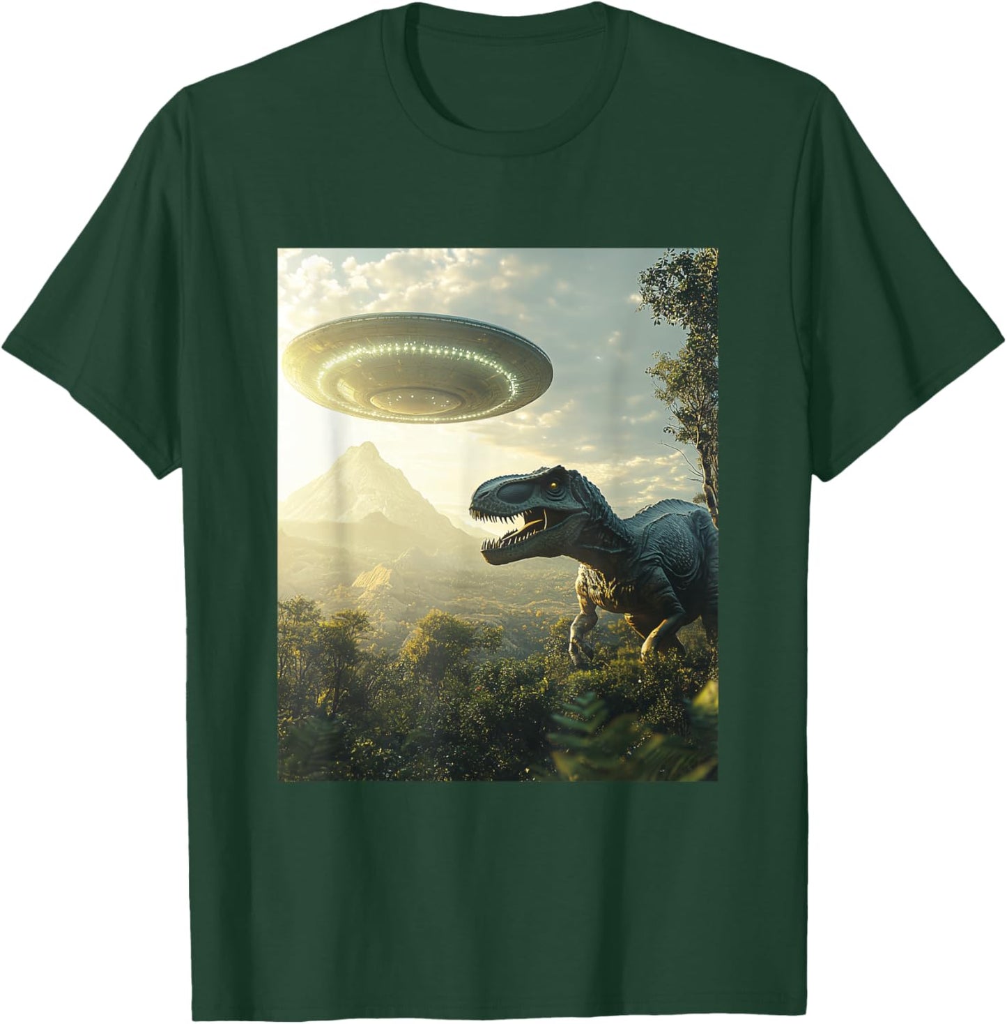 Trex Dinosaur Dino Selfie with UFOs Aliens Funny Graphic T-Shirt - T-Shirt | Forest