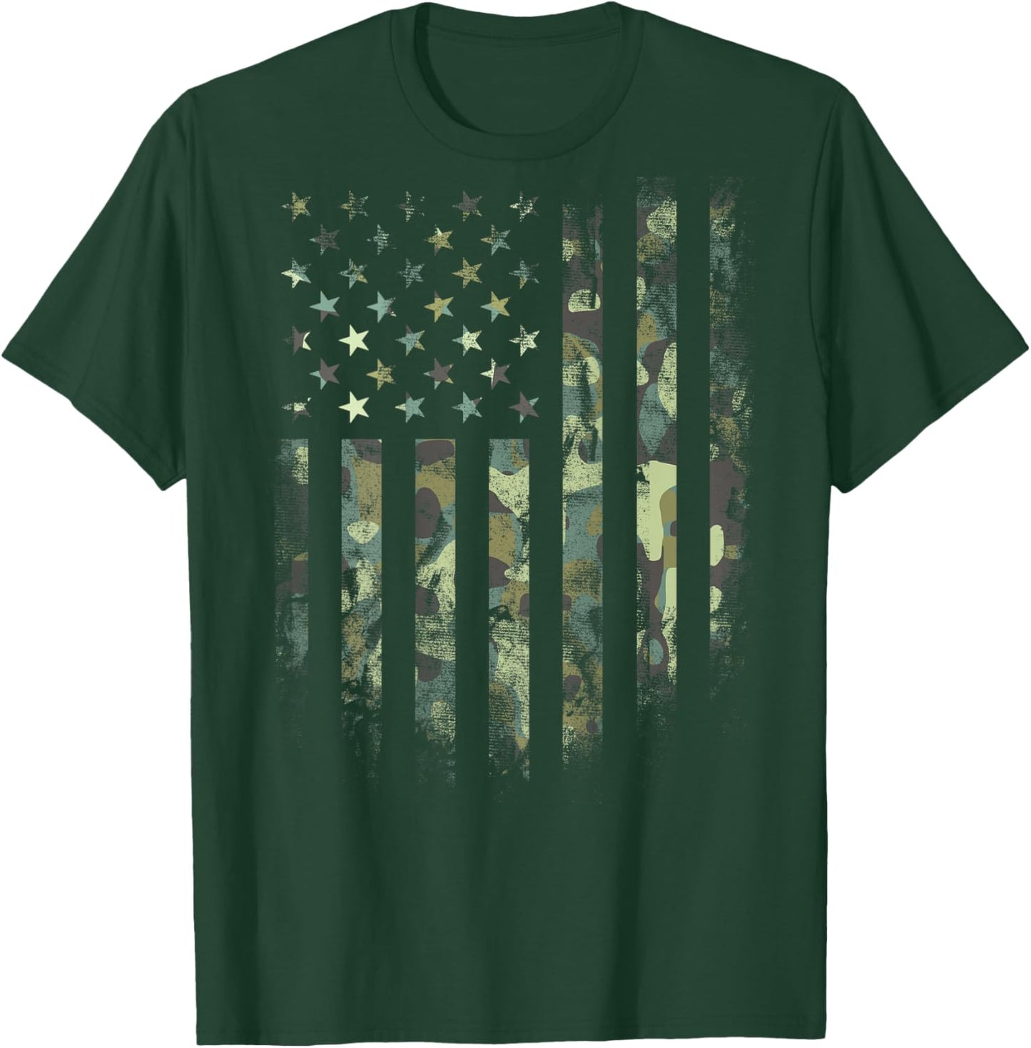 (Art on Back) American Flag Green Camo Camouflage T-Shirt - T-Shirt | Forest