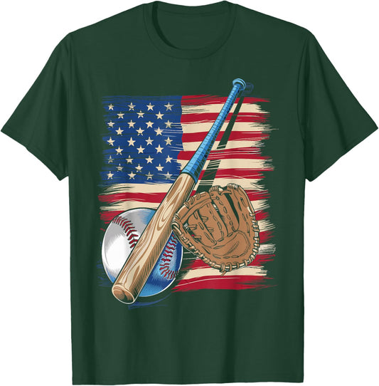 Baseball Player American Flag USA Patriotic T-Shirt - T-Shirt | Forest