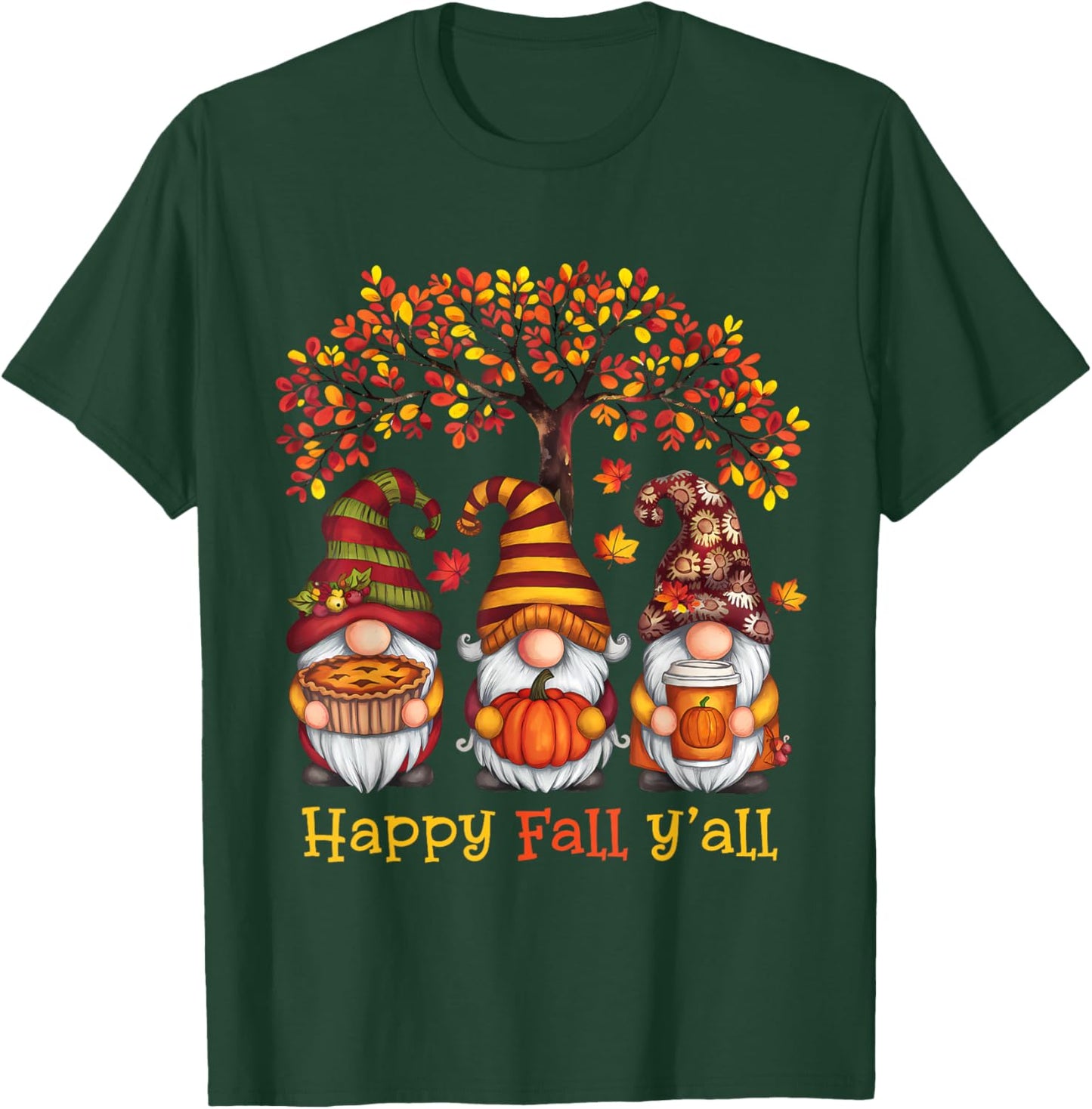 Happy Fall Autumn Leaves Pumpkin Garden Gnomes T-Shirt - T-Shirt | Forest