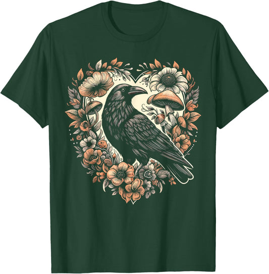 Black Raven Floral Heart Cottagecore Flower Crow T-Shirt - T-Shirt | Forest