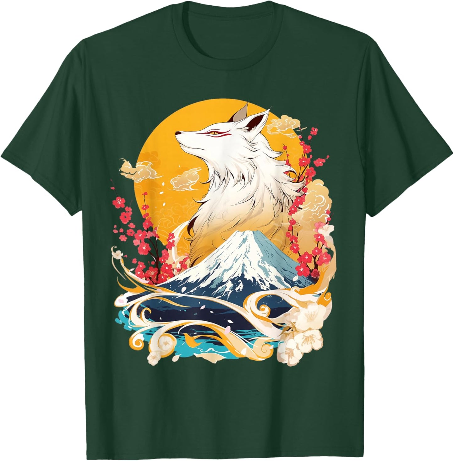 Kitsune Fox with Cherry Blossom Landscape T-Shirt - T-Shirt | Forest