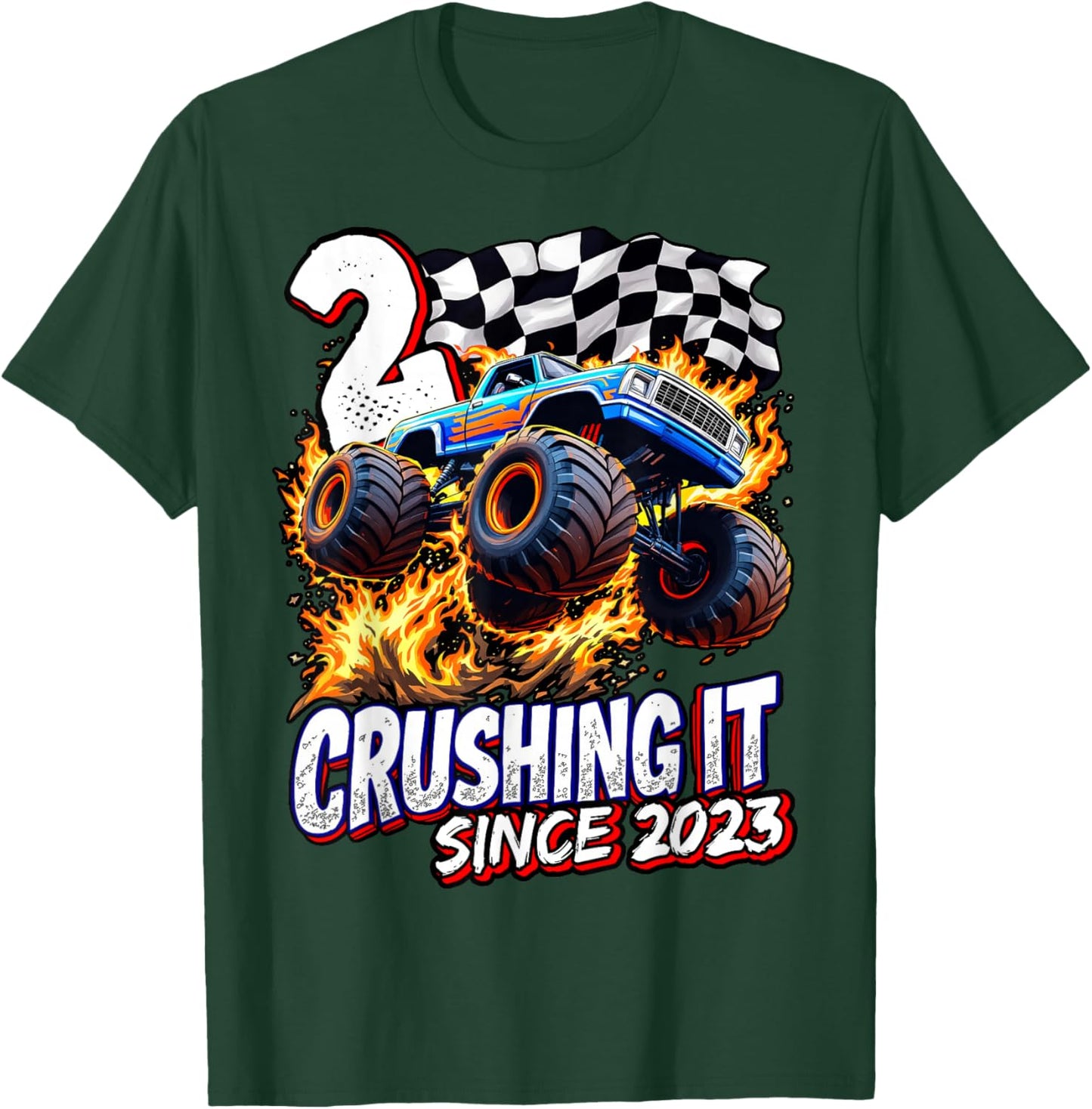 Birthday Monster Truck 2 Year Old Boys 2nd Party Born 2023 T-Shirt - T-Shirt | Forest