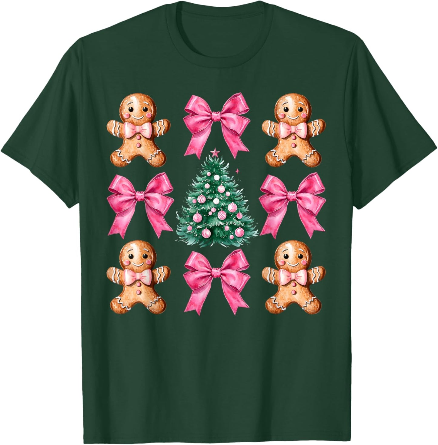 Cute Coquette Pink Bow Xmas Gingerbread Man Christmas Tree T-Shirt - T-Shirt | Forest