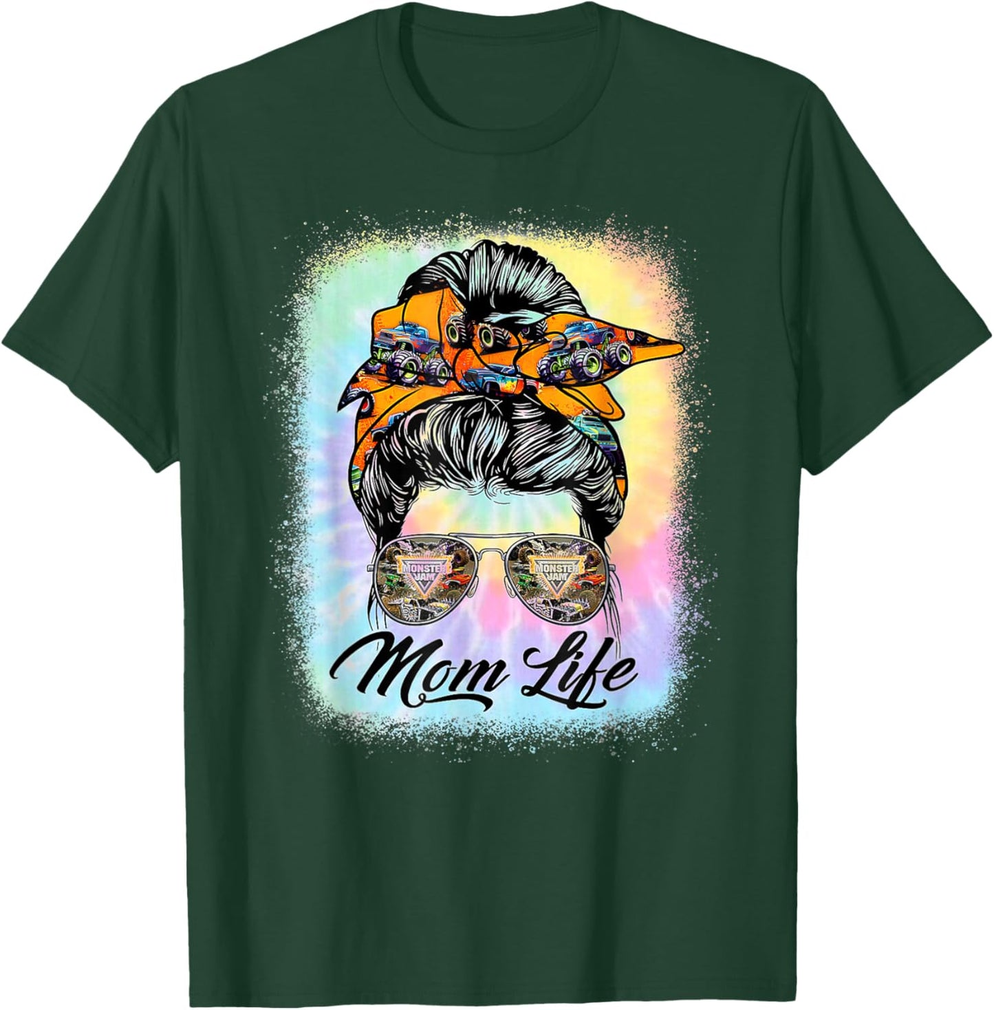 Messy Bun Woman & Monster Truck Mom Life Happy Tie Dye T-Shirt - T-Shirt | Forest