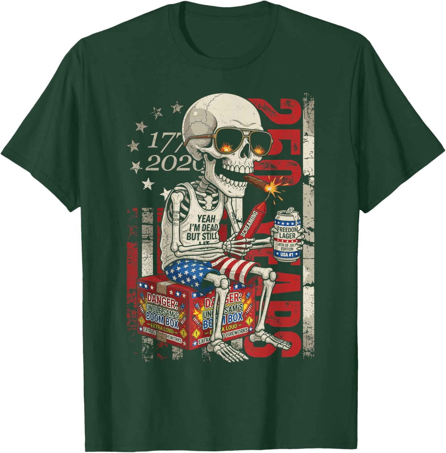 250 Years Funny Skeleton Fireworks American Flag 4th of July T-Shirt - T-Shirt | Forest
