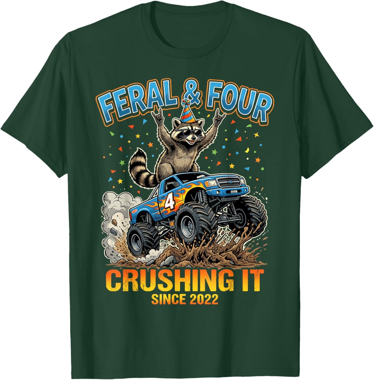 Feral & Four Raccoon Monster Truck 4 Years Old 4th Birthday T-Shirt - T-Shirt | Forest